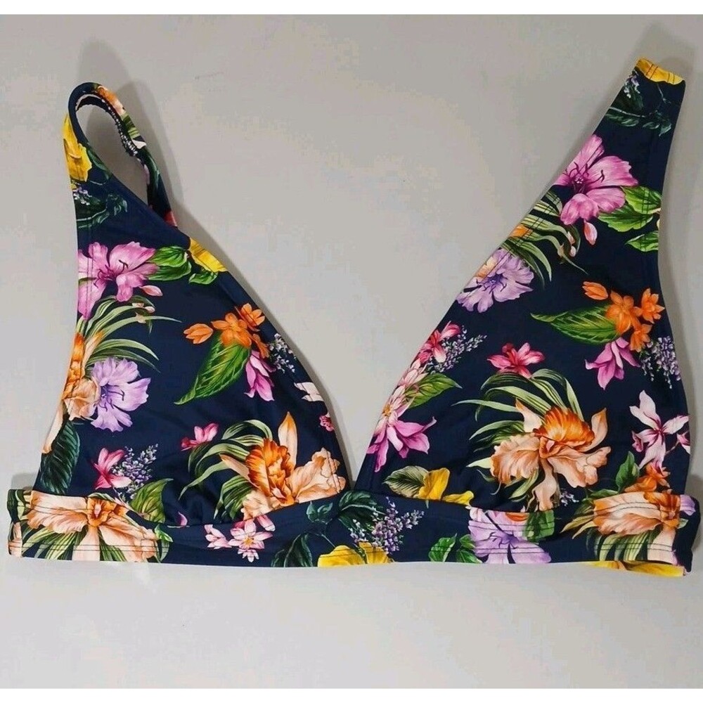 Kona Sol Women Cinch-Front Navy Blue Floral Sea Breeze Bikini Swim Top XL